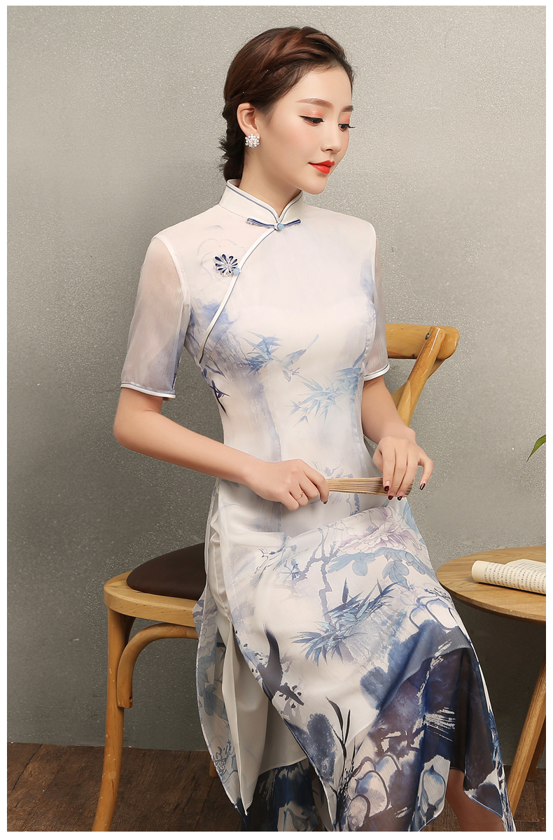 藍伊水墨印花旗袍，中式修身短袖旗袍裙