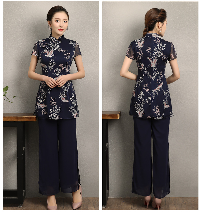 祥鶴印花中式旗袍，唐風茶服旗袍上衣圖片