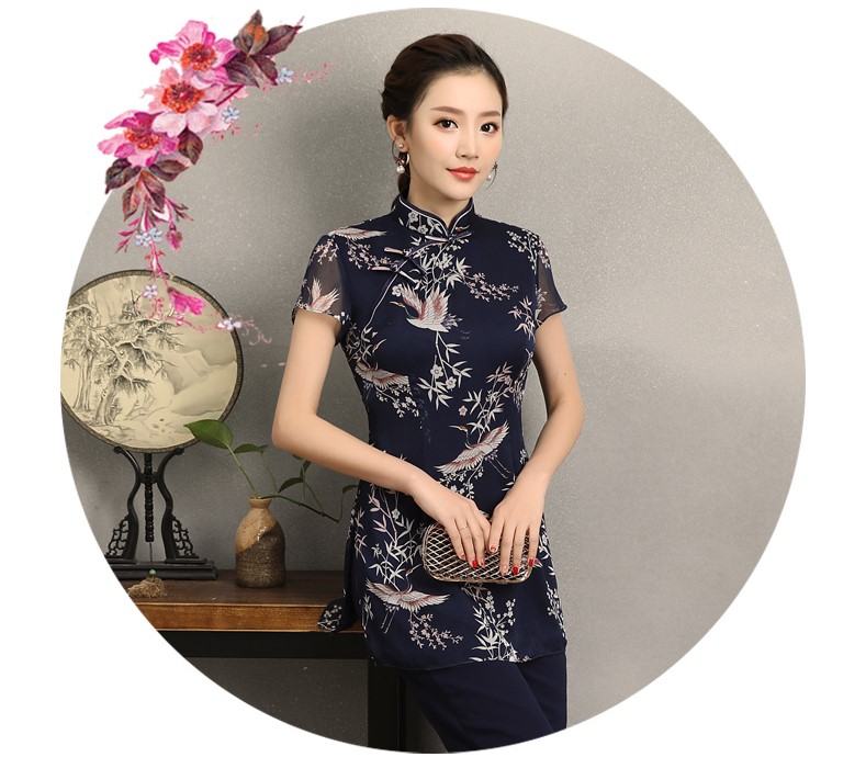 祥鶴印花中式旗袍，唐風茶服旗袍上衣圖片