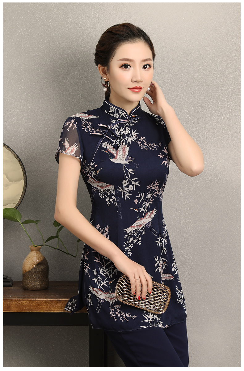 祥鶴印花中式旗袍，唐風茶服旗袍上衣圖片