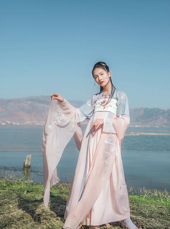 傳統(tǒng)雙袖刺繡漢服上衣，對襟半臂繡花漢服