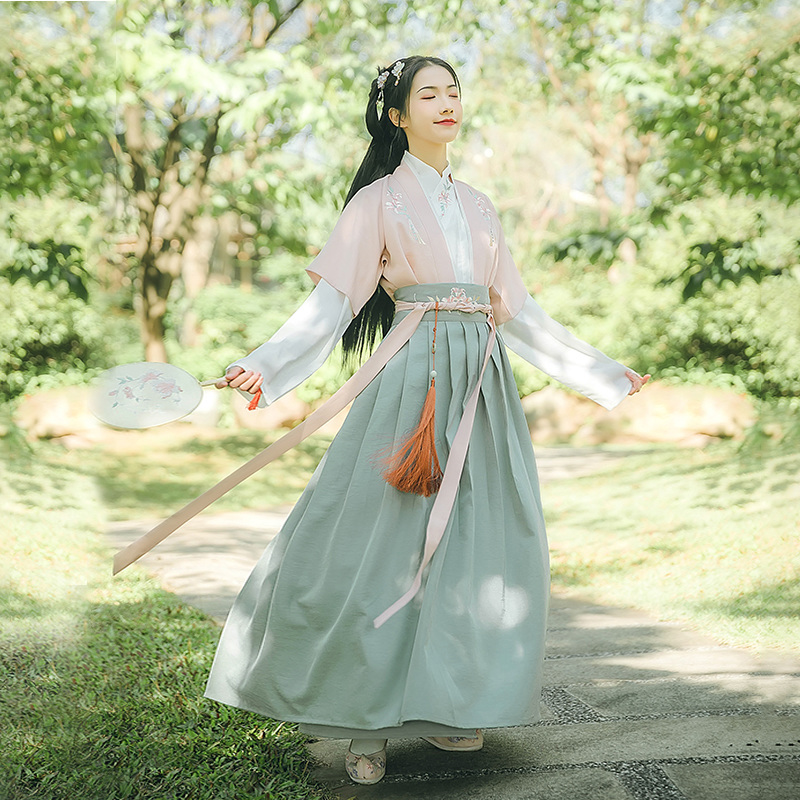 鈴瑤花齊腰襦裙?jié)h服，小清新花枝刺繡漢服圖片