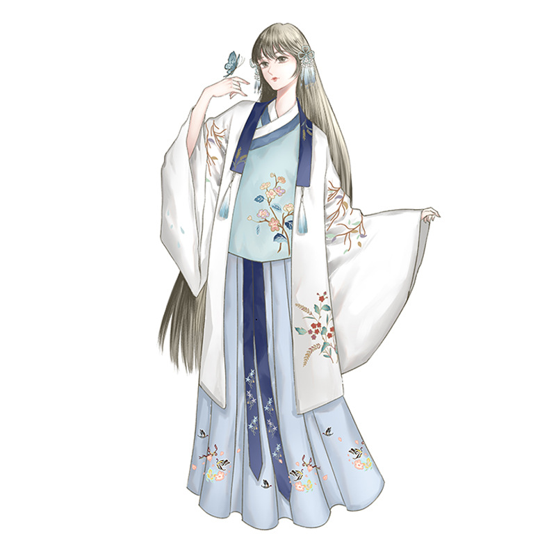 魏晉風回雪襦裙?jié)h服，清新淡雅小鹿刺繡漢服