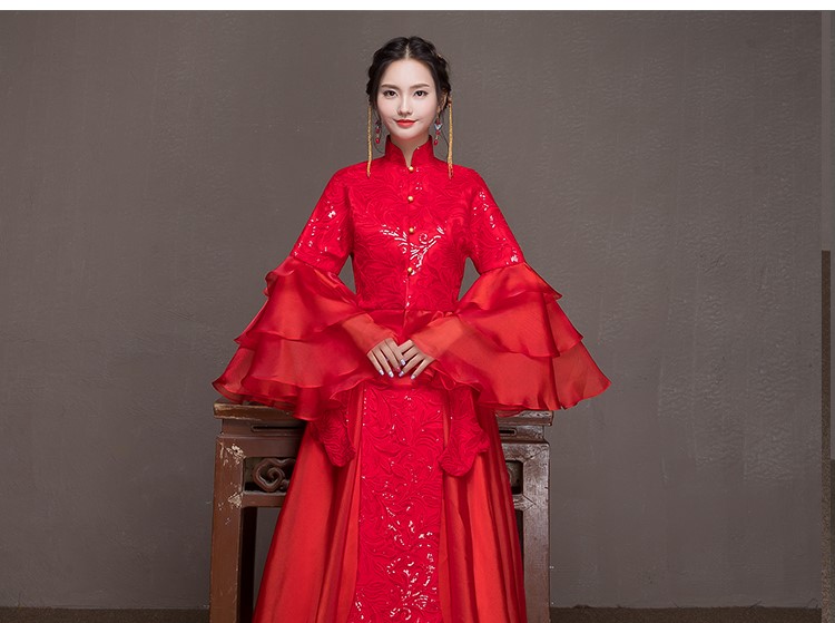 荷葉邊袖新娘結(jié)婚禮服，優(yōu)雅網(wǎng)紗蓬松中式禮服