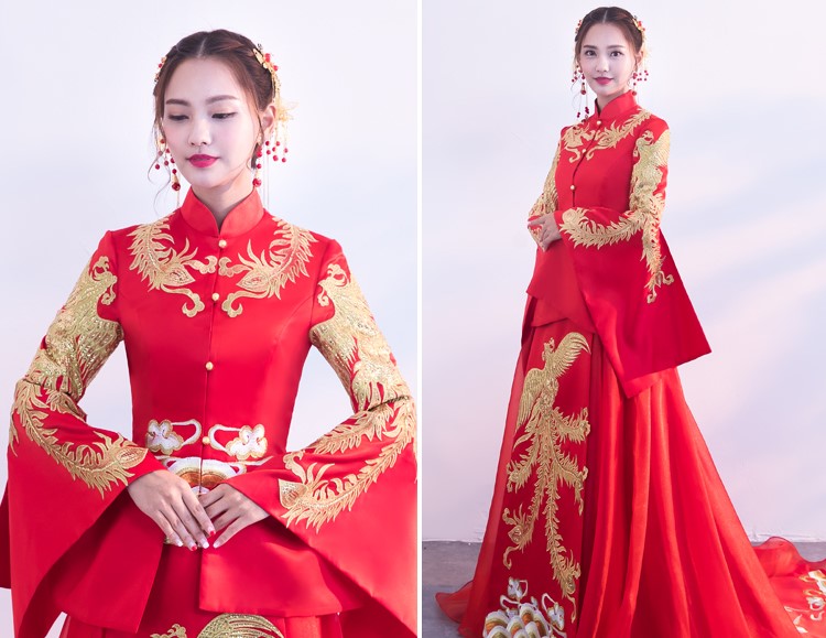 金色鳳凰刺繡新娘結(jié)婚禮服，奢華拖尾中式禮服