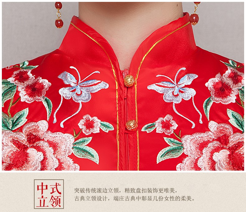 牡丹花刺繡新娘結婚禮服，波浪紋邊中式禮服