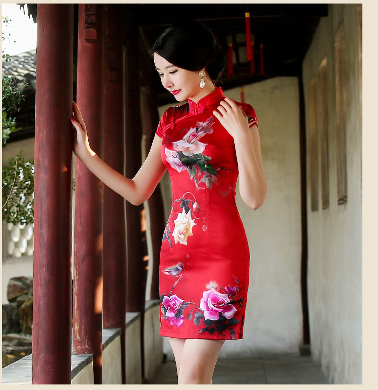 紅色古風唯美花朵短袖旗袍禮服裙