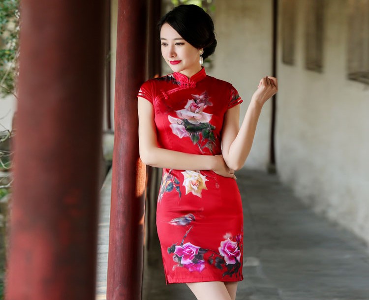 紅色古風唯美花朵短袖旗袍禮服裙