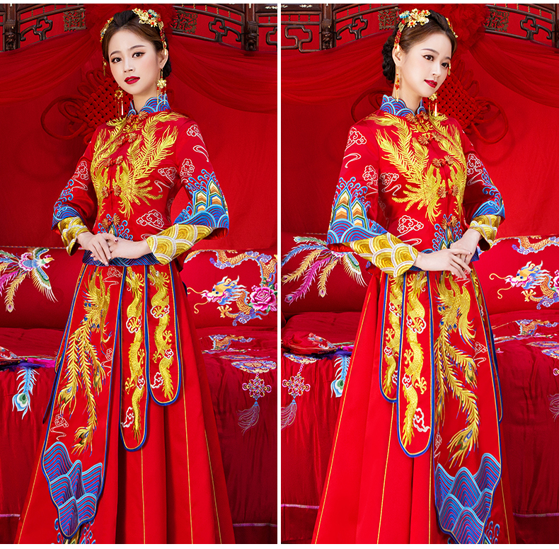 奢華鳳凰中式禮服，唯美五彩刺繡新娘禮服