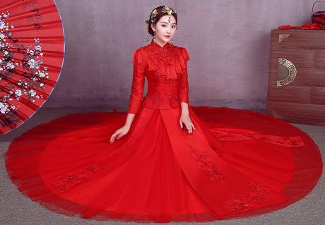 簡約紅色中式禮服，流蘇中國風(fēng)新娘結(jié)婚禮服