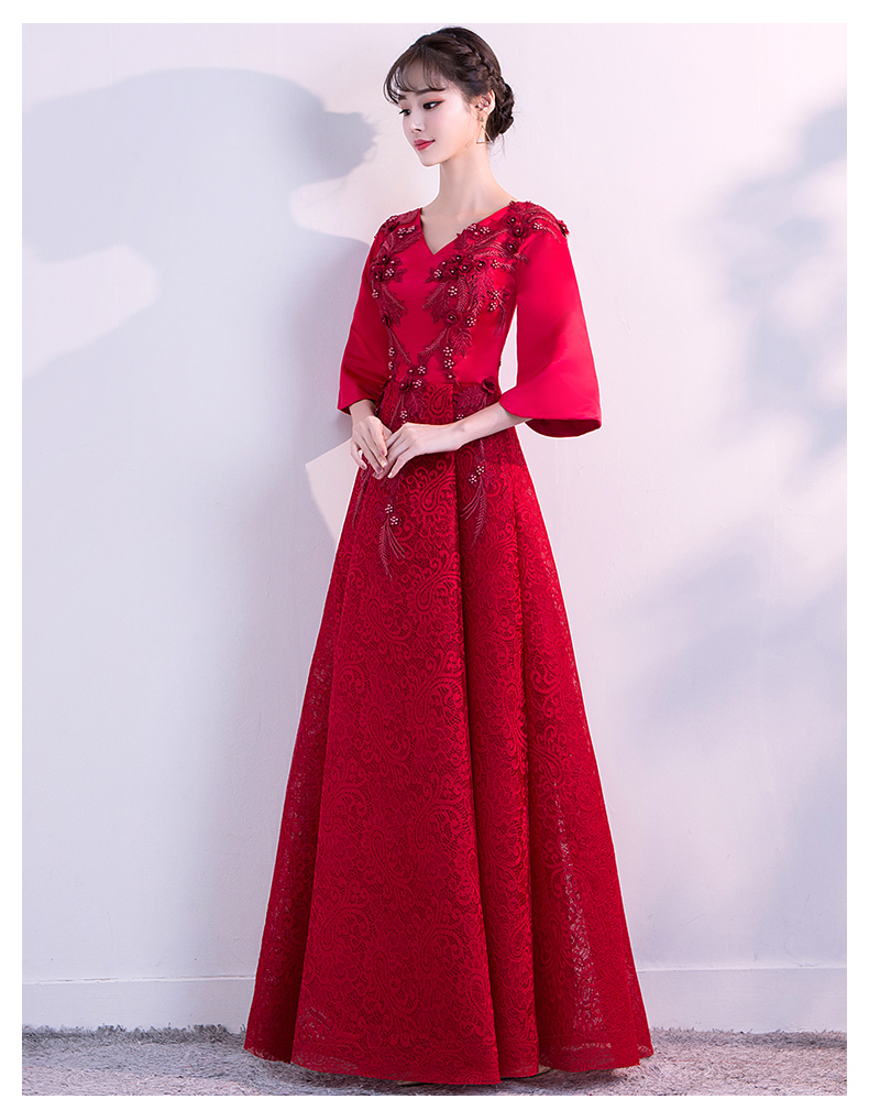 時尚性感V領(lǐng)中式禮服，立體繡花新娘結(jié)婚禮服