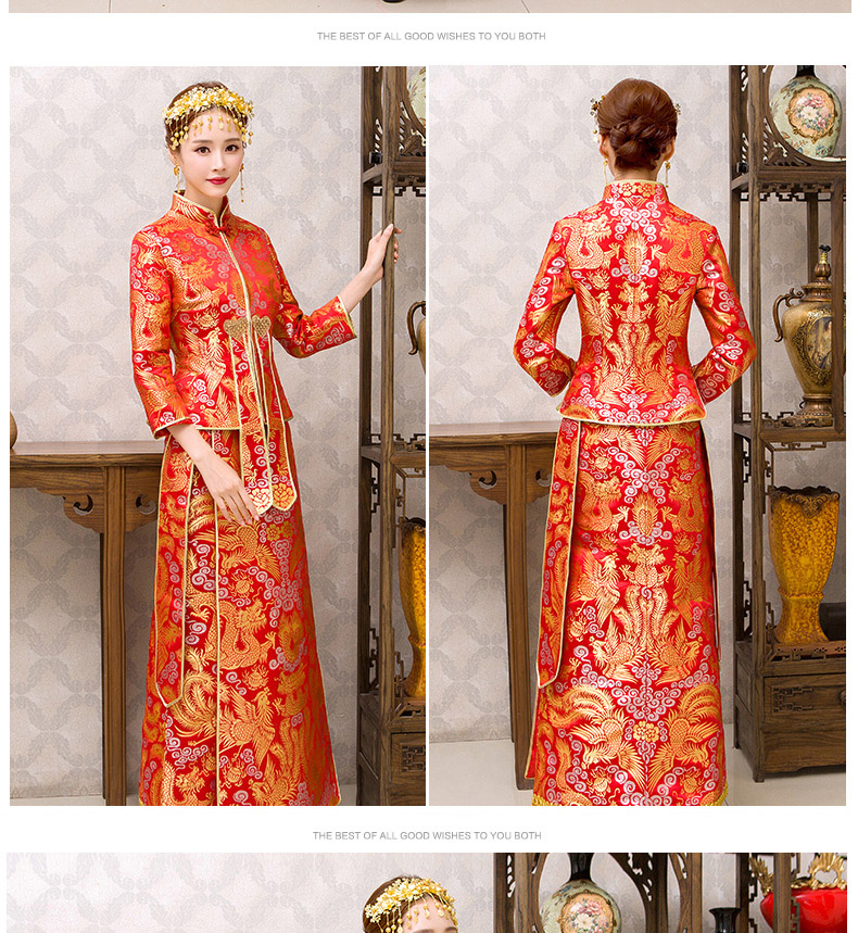 紅色旗袍中式禮服，新娘結(jié)婚禮服