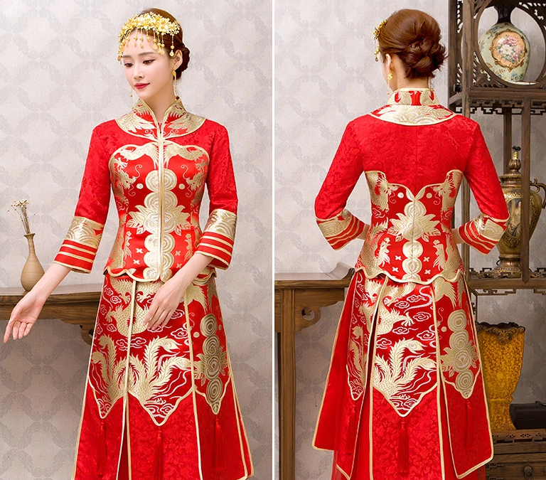 紅色龍鳳褂中式禮服，唯美新娘結(jié)婚禮服