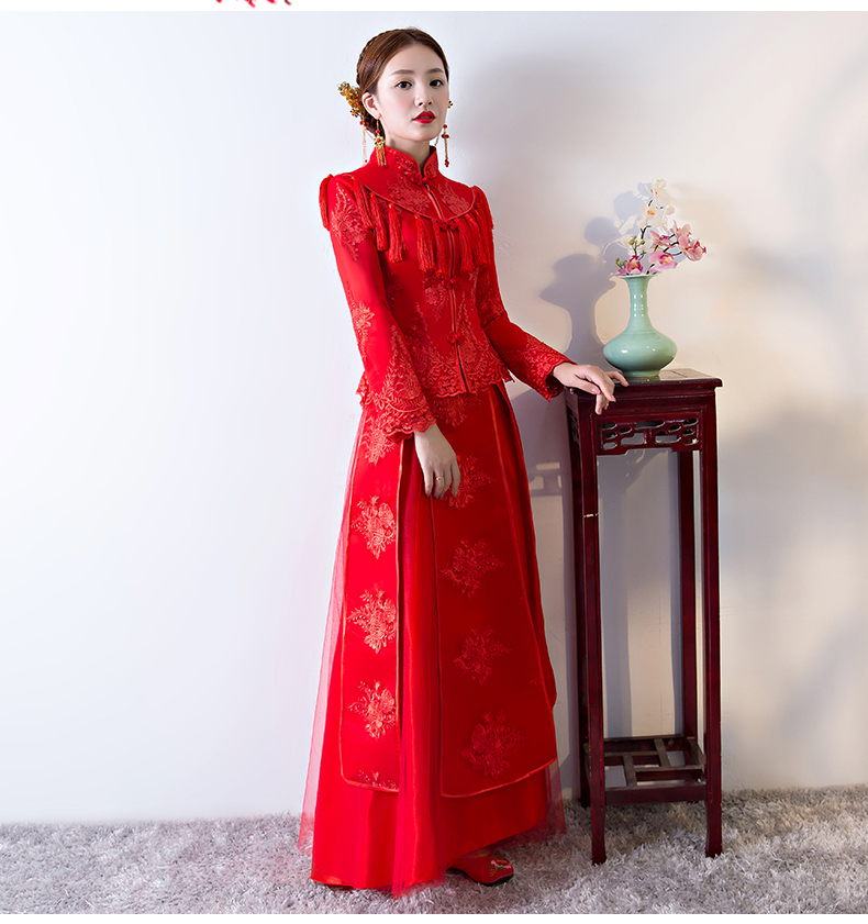 精致蕾絲花紋中式禮服，新娘結(jié)婚禮服