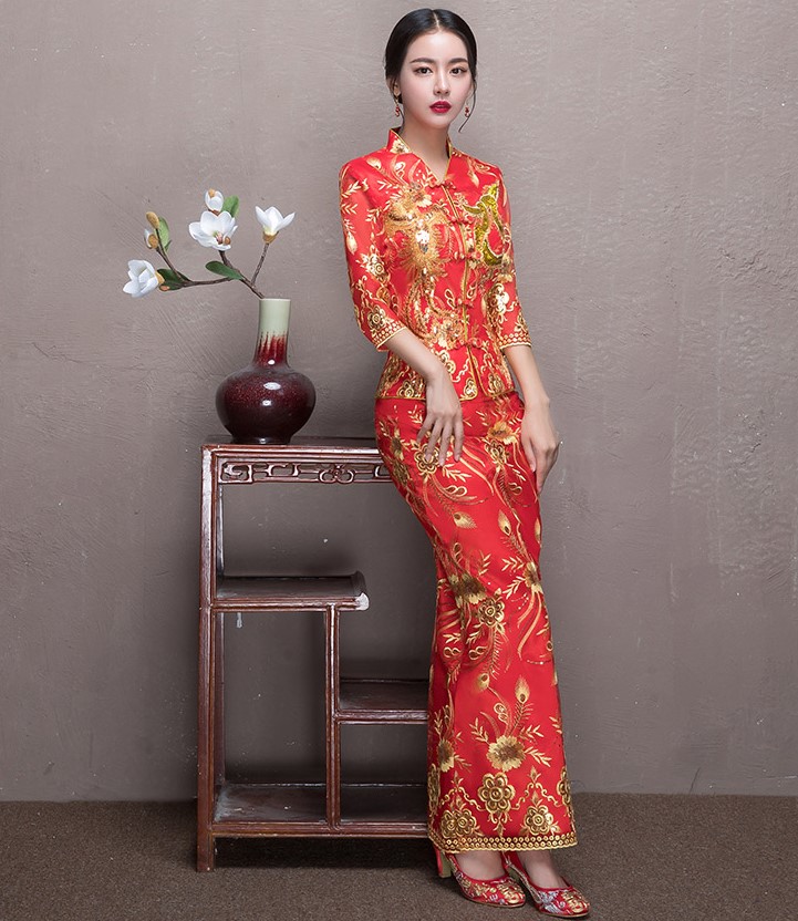 奢華花朵鳳凰刺繡中式禮服，唯美新娘魚(yú)尾禮服