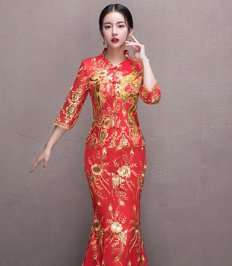 奢華花朵鳳凰刺繡中式禮服，唯美新娘魚(yú)尾禮服