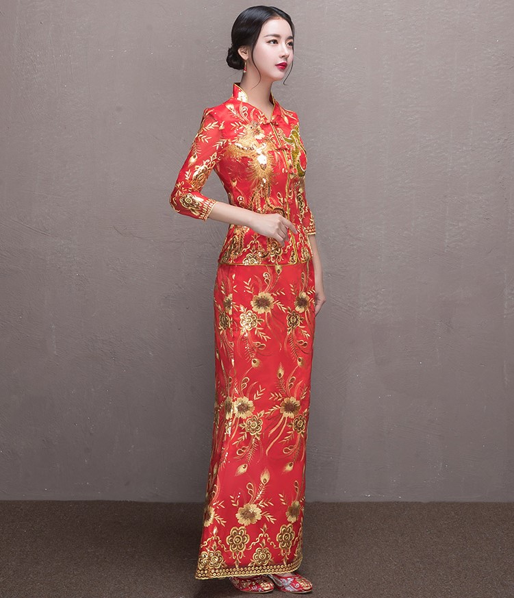 奢華花朵鳳凰刺繡中式禮服，唯美新娘魚(yú)尾禮服