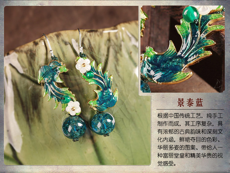 翠羽靈翩耳環(huán)，中國(guó)風(fēng)琉璃景泰藍(lán)鳳凰首飾