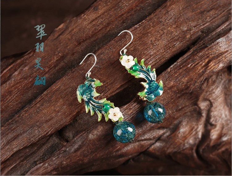 翠羽靈翩耳環(huán)，中國(guó)風(fēng)琉璃景泰藍(lán)鳳凰首飾
