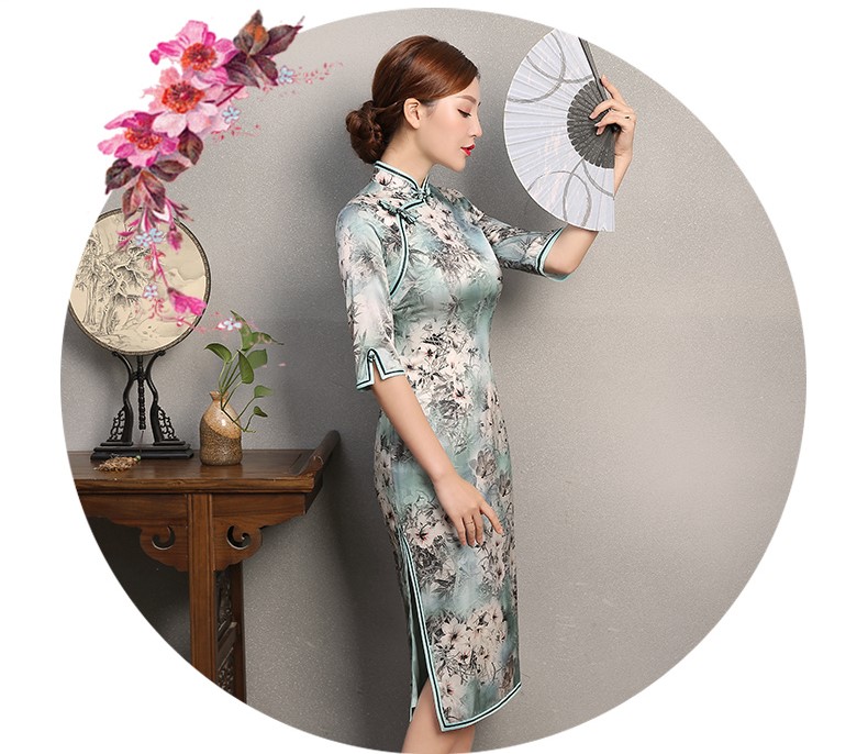 淡青色印花旗袍，芳顏中袖真絲旗袍裙