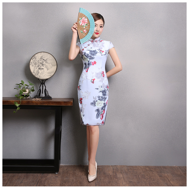 花美牡丹旗袍，復(fù)古中國(guó)風(fēng)短袖旗袍裙