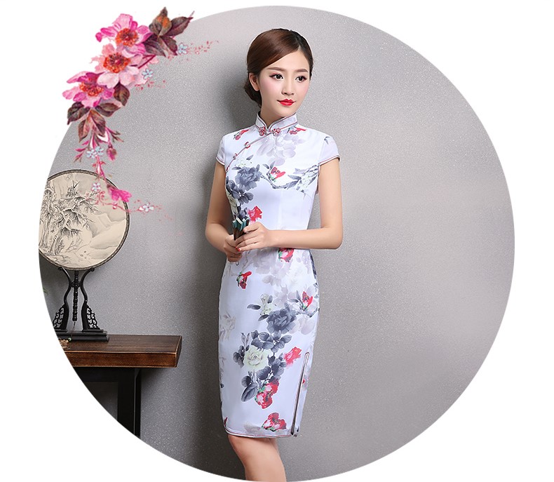 花美牡丹旗袍，復(fù)古中國(guó)風(fēng)短袖旗袍裙