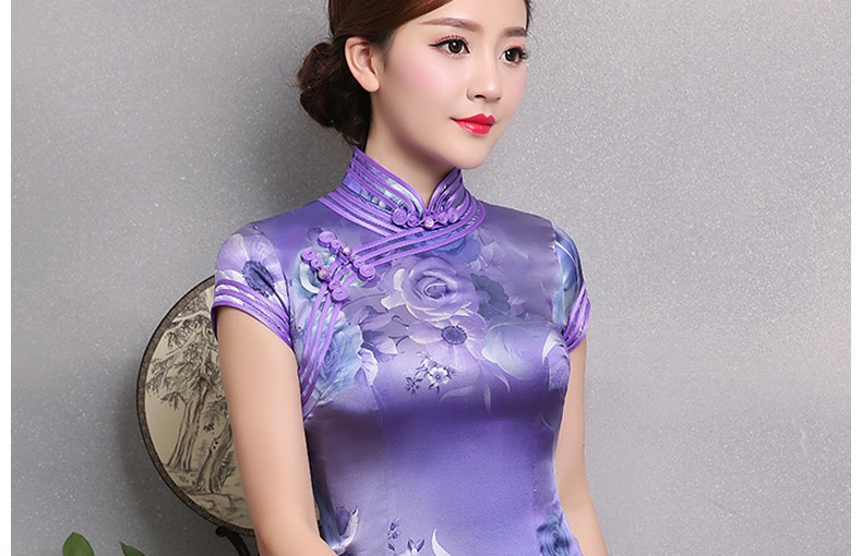 紫玫瑰印花旗袍，短袖三包邊旗袍裙