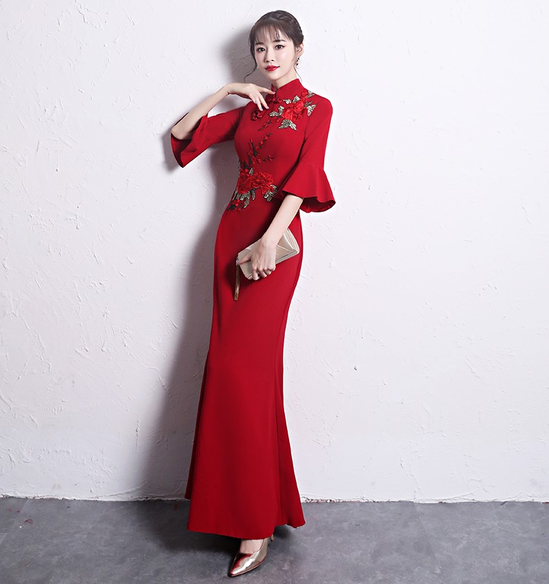 時尚復(fù)古中式禮服，喇叭袖晚禮服