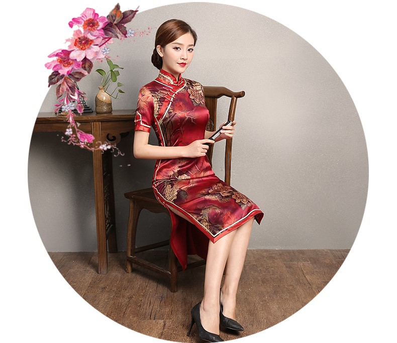 紅色復(fù)古風(fēng)情旗袍，短袖印花旗袍裙