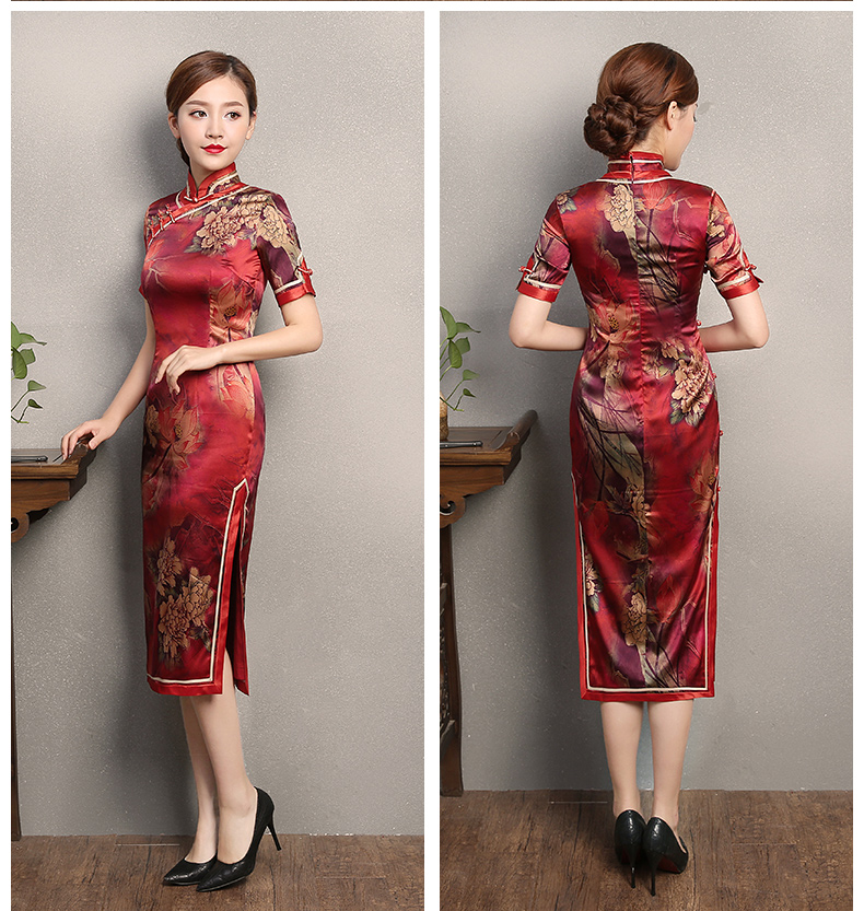 紅色復(fù)古風(fēng)情旗袍，短袖印花旗袍裙