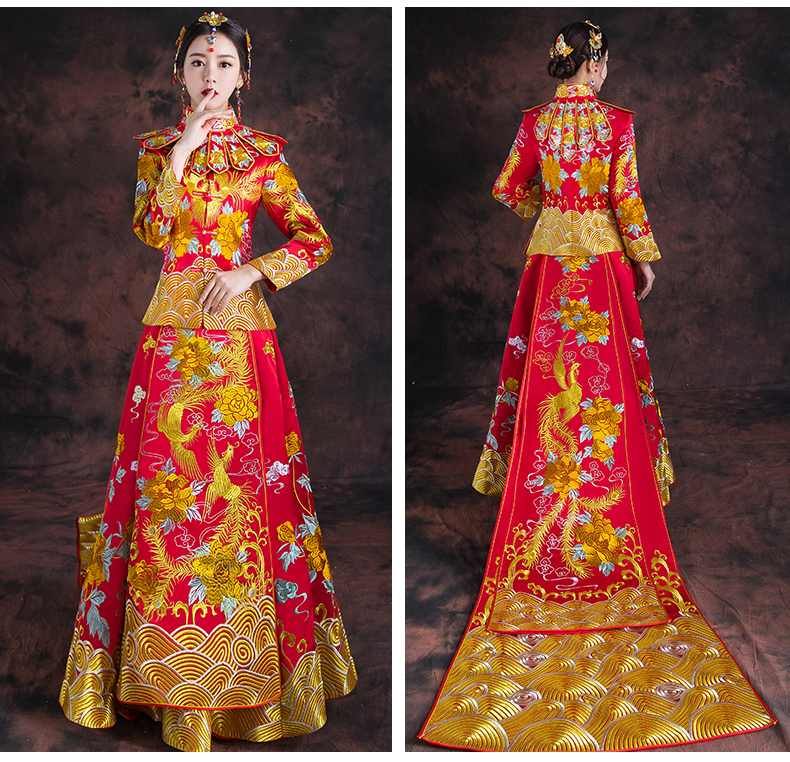 紅色長款拖尾中式禮服，精美刺繡新娘結婚禮服