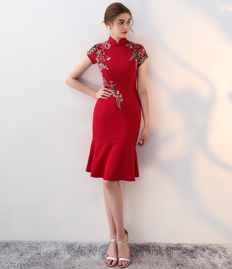 蕾絲花朵中式禮服，性感魚尾晚禮服