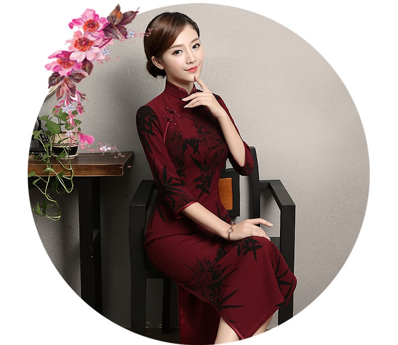 暗紅色竹香旗袍，古典中袖旗袍裙