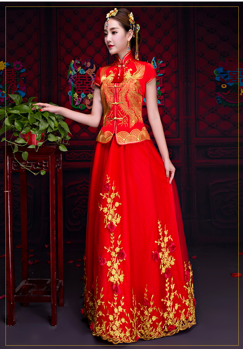 短袖對(duì)襟中式禮服，蕾絲裙新娘禮服