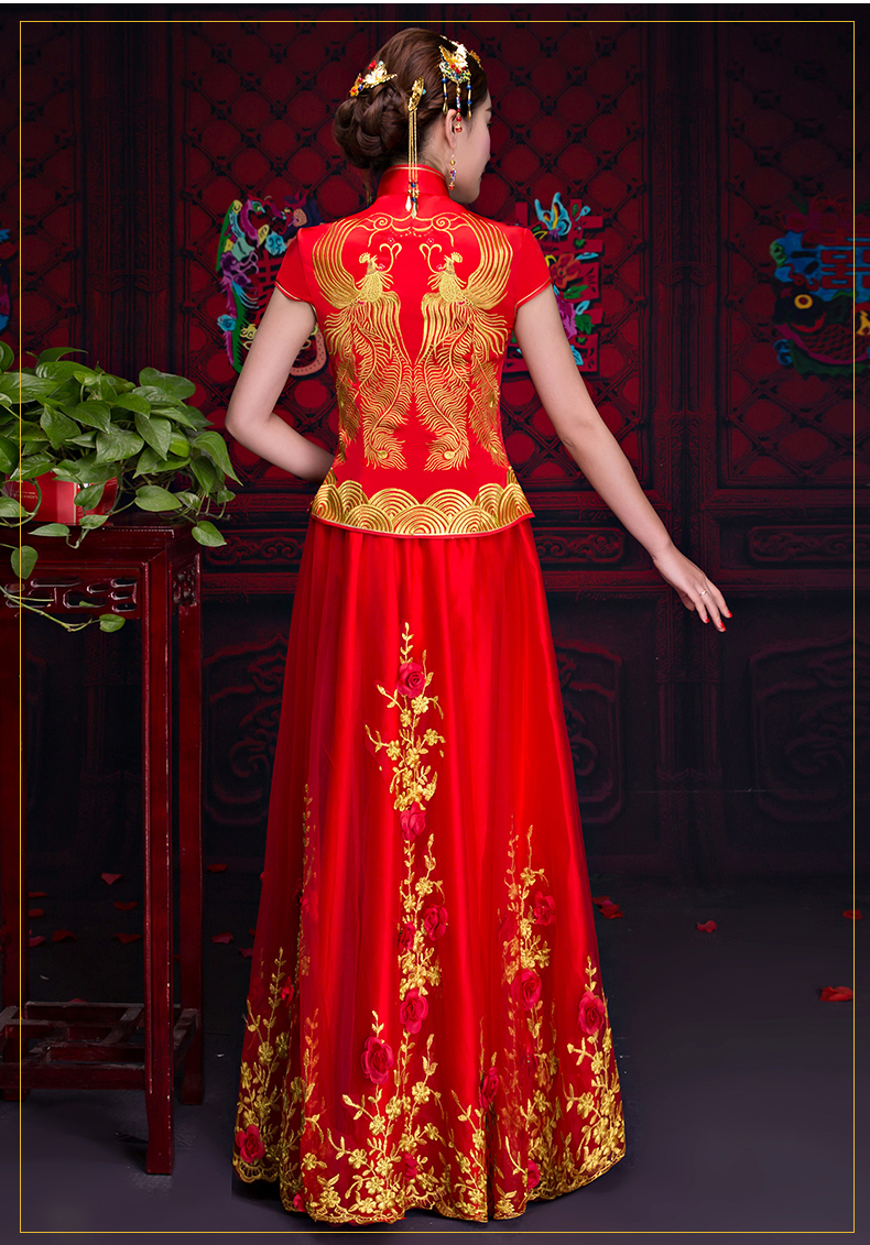 短袖對(duì)襟中式禮服，蕾絲裙新娘禮服