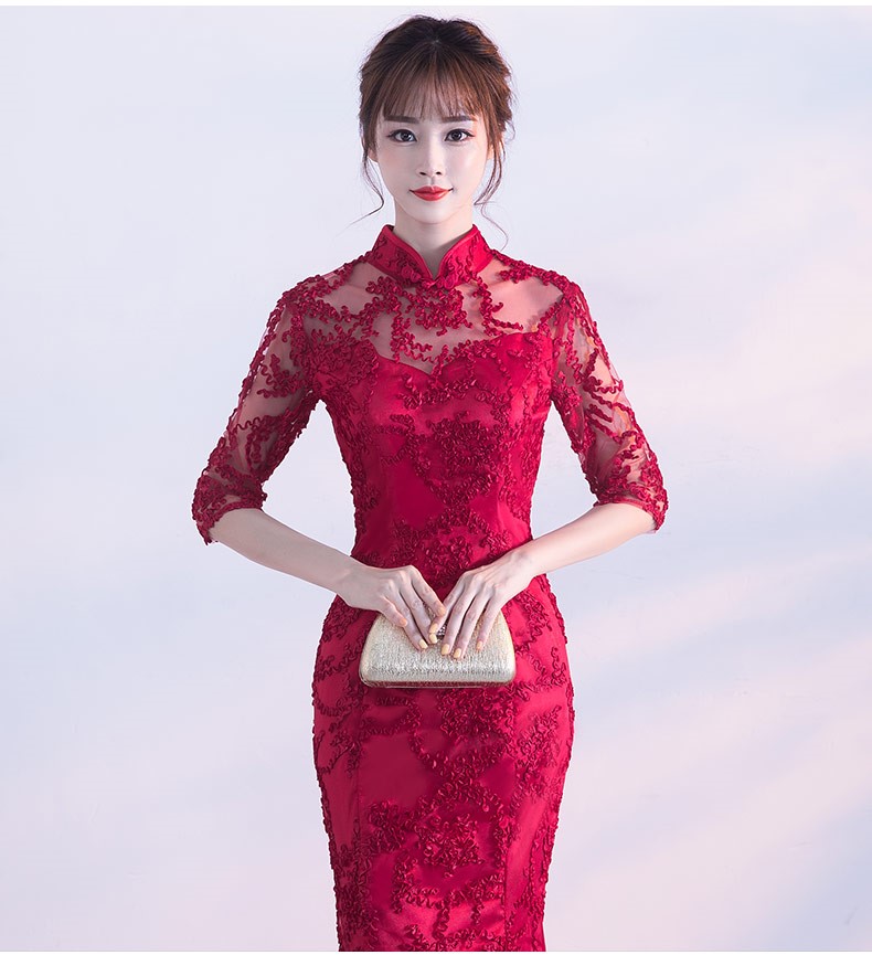 精致復(fù)古中式禮服，蕾絲魚尾晚禮服