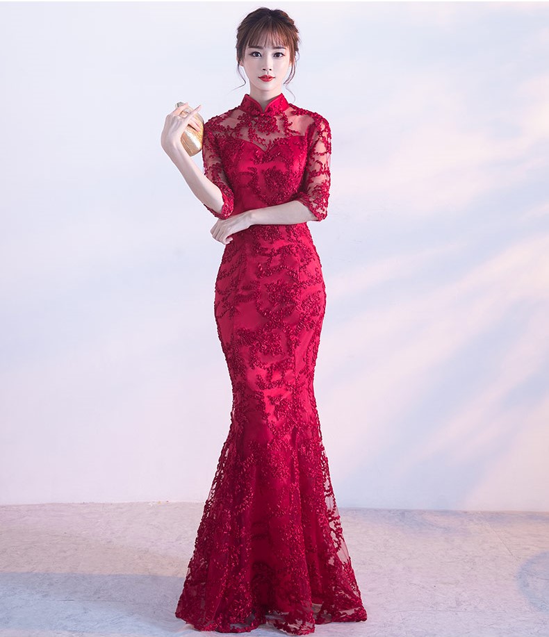 精致復(fù)古中式禮服，蕾絲魚尾晚禮服
