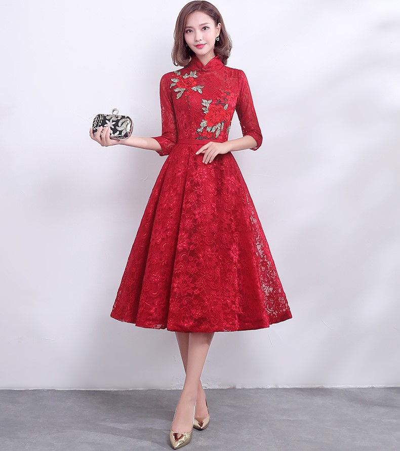 復(fù)古時(shí)尚中式禮服，中國(guó)風(fēng)紅色七分袖晚禮服