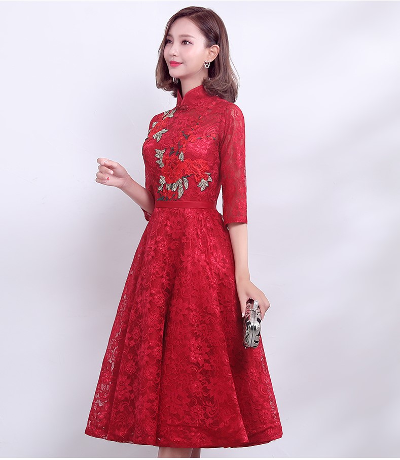 復(fù)古時(shí)尚中式禮服，中國(guó)風(fēng)紅色七分袖晚禮服
