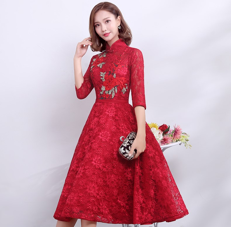 復(fù)古時(shí)尚中式禮服，中國(guó)風(fēng)紅色七分袖晚禮服