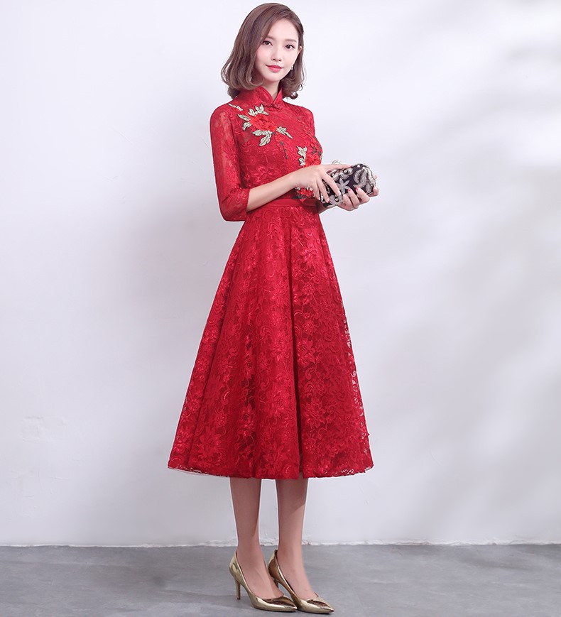 復(fù)古時(shí)尚中式禮服，中國(guó)風(fēng)紅色七分袖晚禮服