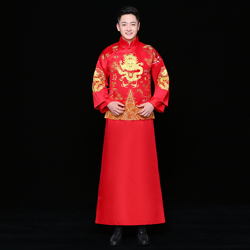 金龍刺繡男士中式禮服，時尚中國風(fēng)新郎禮服