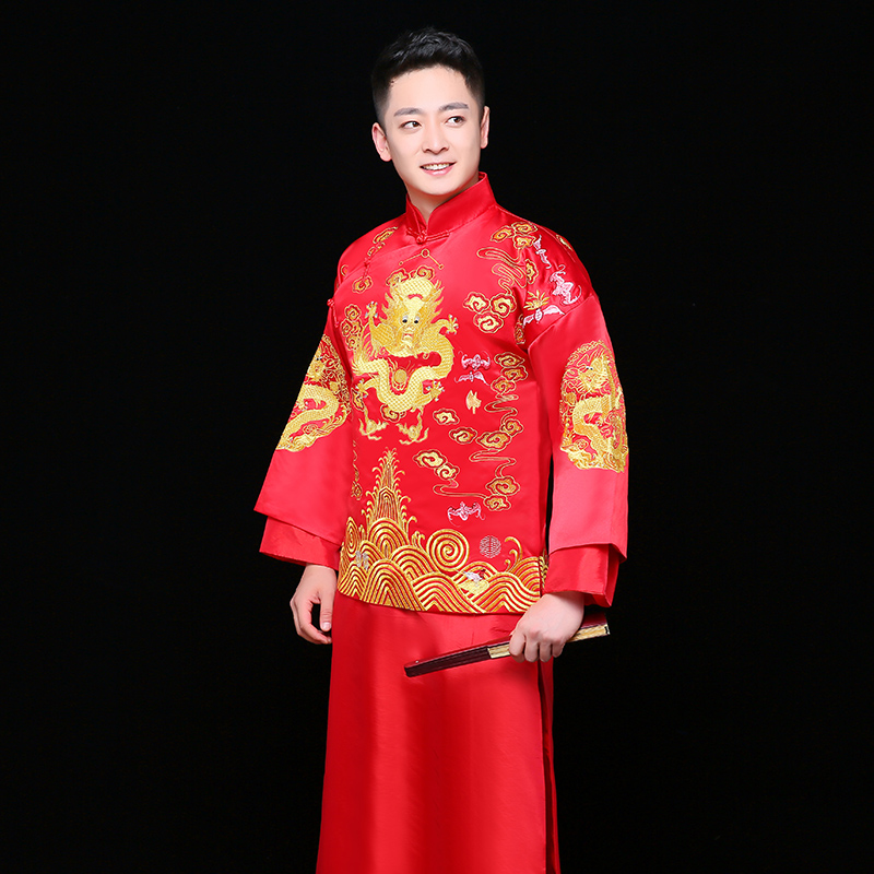 金龍刺繡男士中式禮服，時尚中國風(fēng)新郎禮服