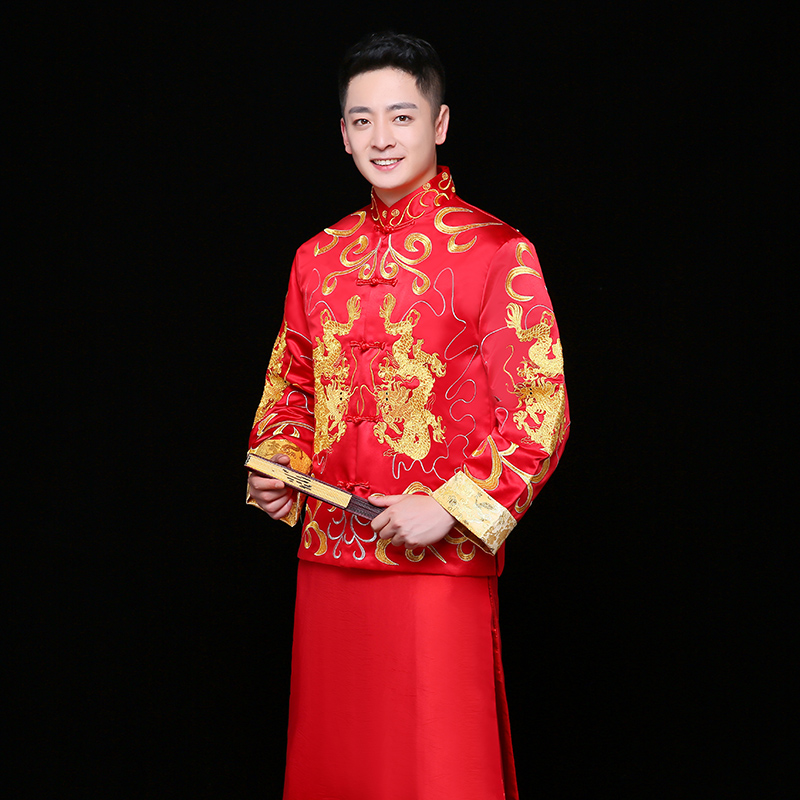 雙龍刺繡男士中式禮服，時尚中國風(fēng)新郎禮服