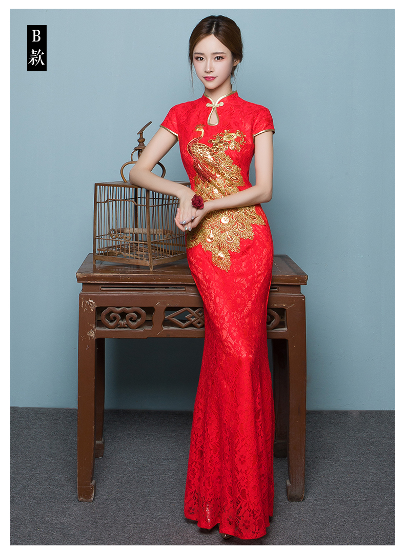 中國風魚尾中式禮服，孔雀繡花晚禮服