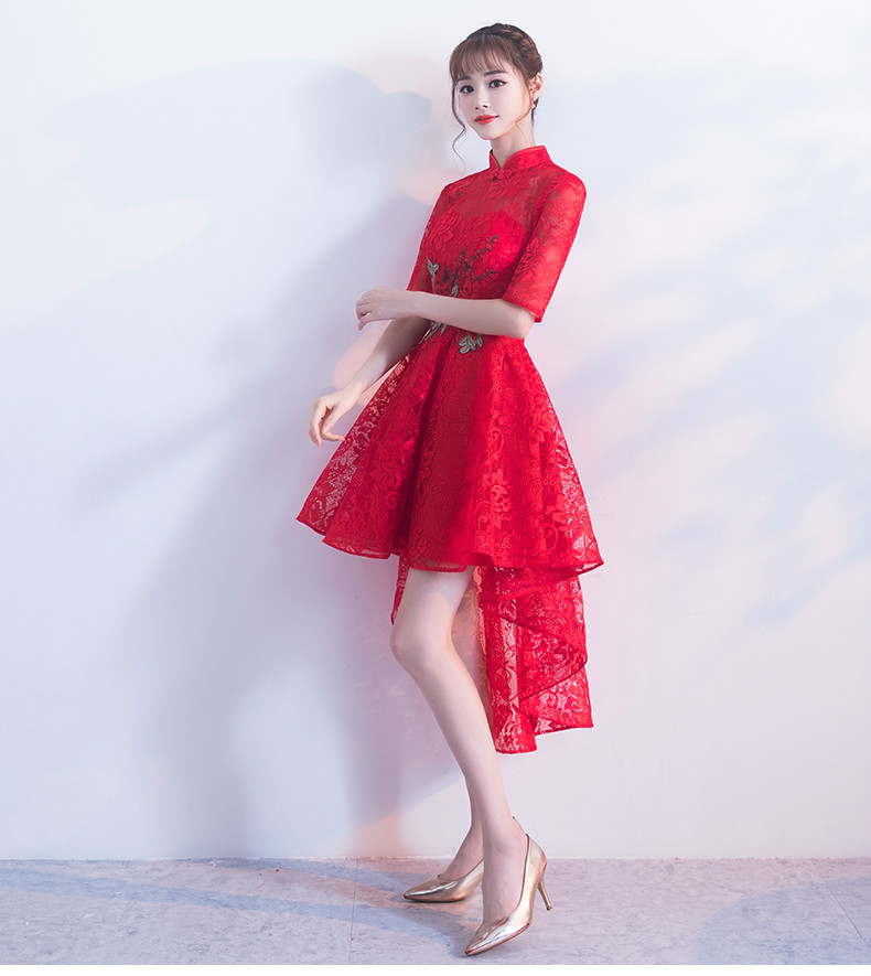 時尚蕾絲中式禮服，前長后短紅色晚禮服
