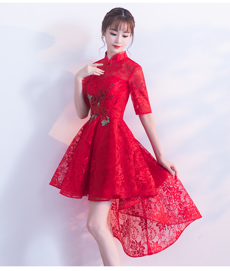 時尚蕾絲中式禮服，前長后短紅色晚禮服
