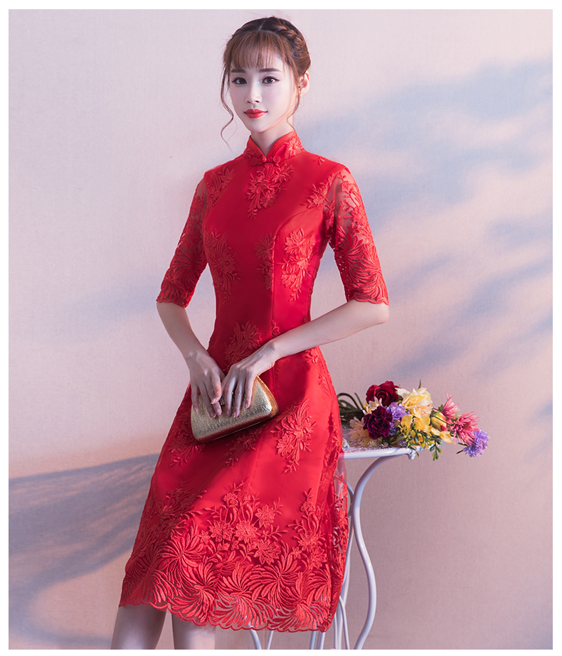中袖立領(lǐng)中式禮服，復(fù)古中國風(fēng)紅色晚禮服