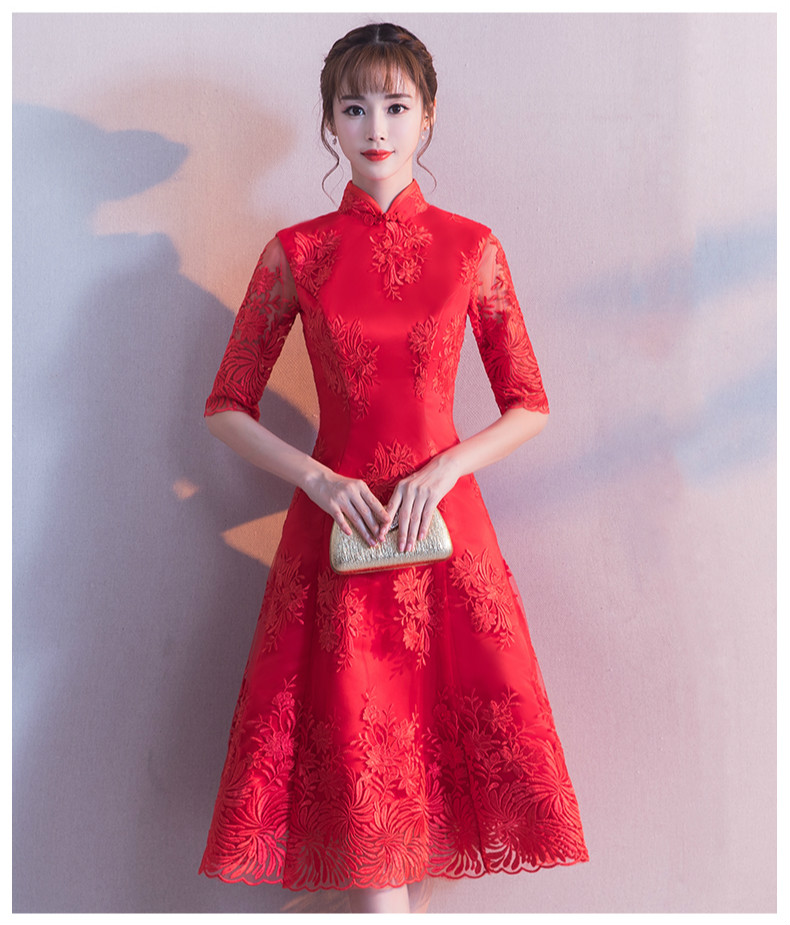 中袖立領(lǐng)中式禮服，復(fù)古中國風(fēng)紅色晚禮服