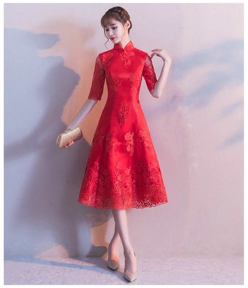 中袖立領(lǐng)中式禮服，復(fù)古中國風(fēng)紅色晚禮服